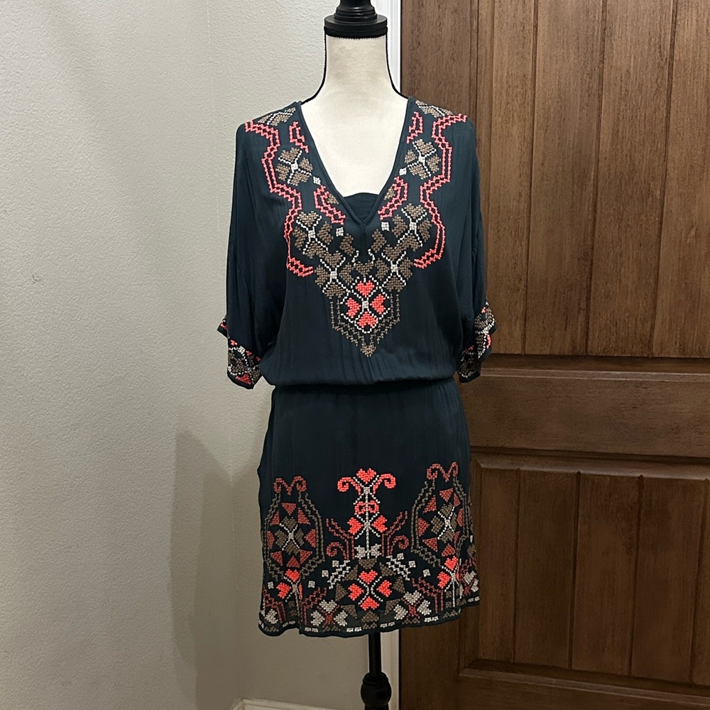 Anthropologie Yoana Baraschi Boho -  Embroidered Cross Stitch Dress EUC